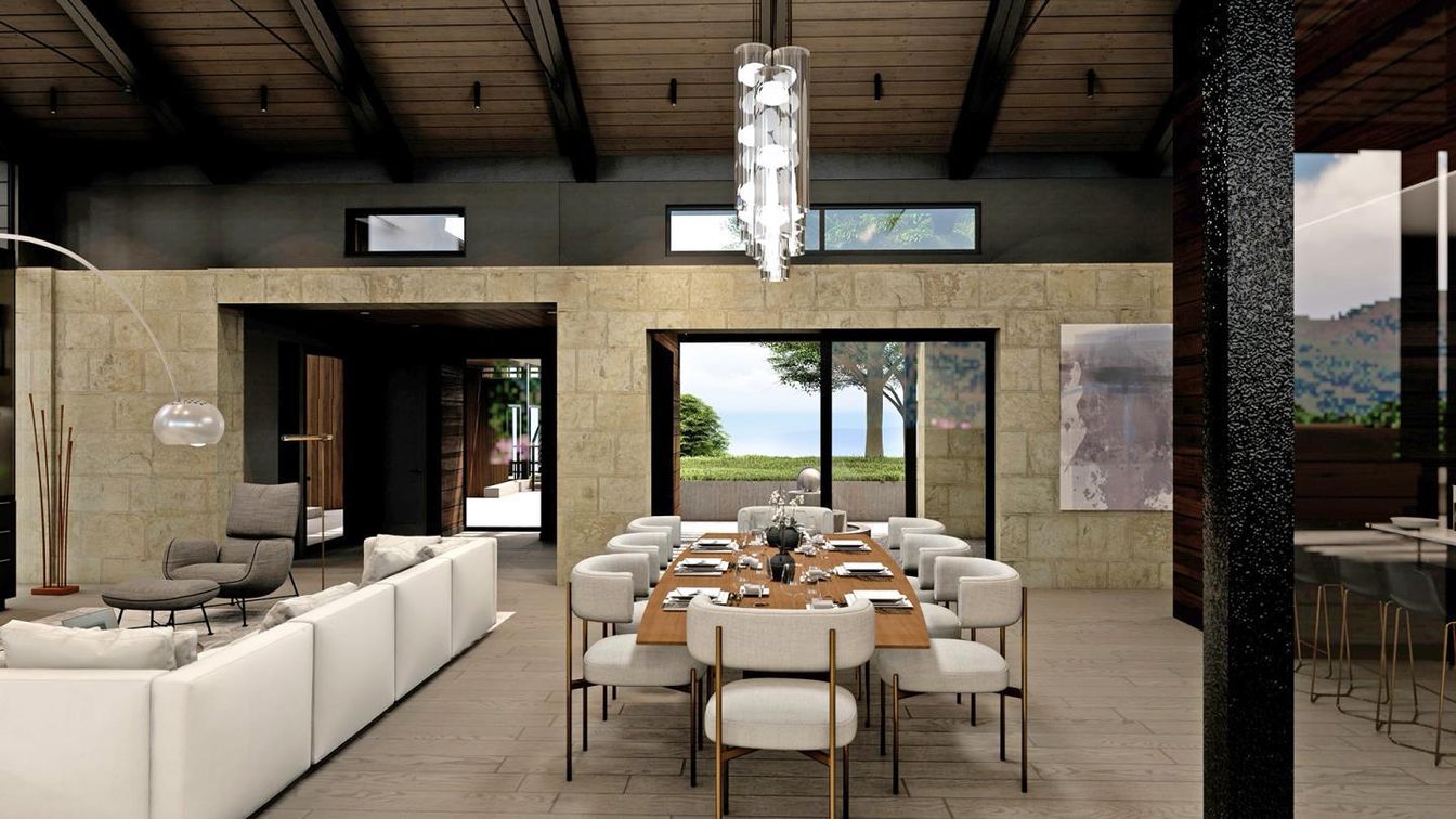 Dining room, Interior, Living room, Pendant Lights, Stone Walls, Wooden Beams, Wooden Ceilings, Wood Texture Flooring