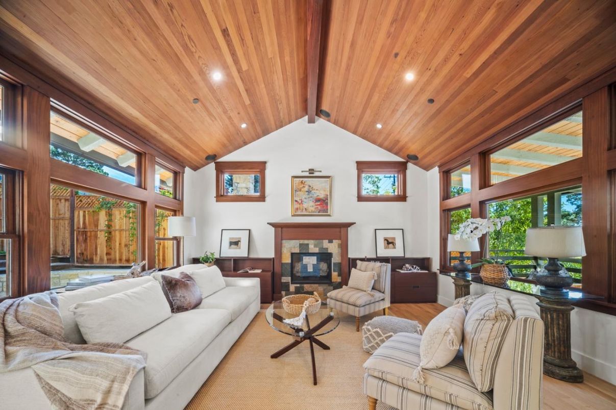 Fireplace, Interior, Living room, Recessed Lighting, Wooden Beams, Wooden Ceilings, Wood Texture Flooring