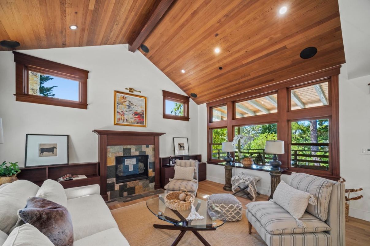 Fireplace, Interior, Living room, Recessed Lighting, Wooden Beams, Wooden Ceilings, Wood Texture Flooring