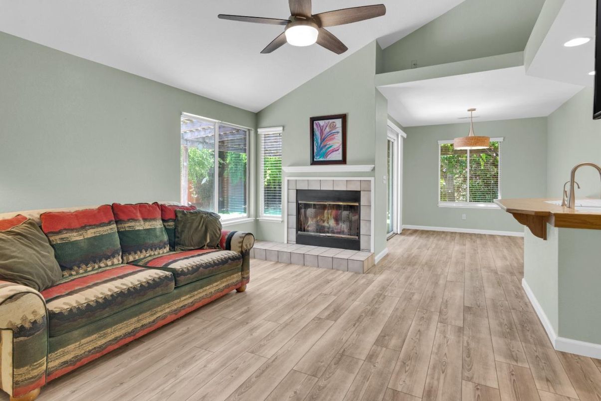 Fireplace, Interior, Recessed Lighting, Wood Texture Flooring