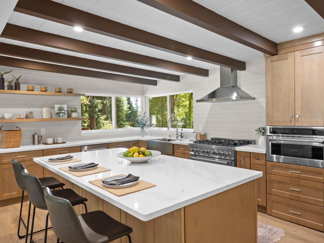 Interior, Kitchen, Recessed Lighting, Stainless Steel Appliances, Wooden Beams, Wood Texture Flooring
