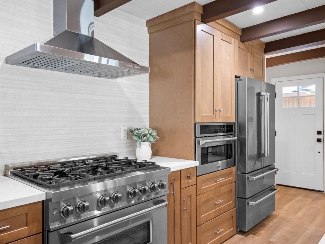 Interior, Kitchen, Recessed Lighting, Stainless Steel Appliances, Wooden Beams, Wood Texture Flooring