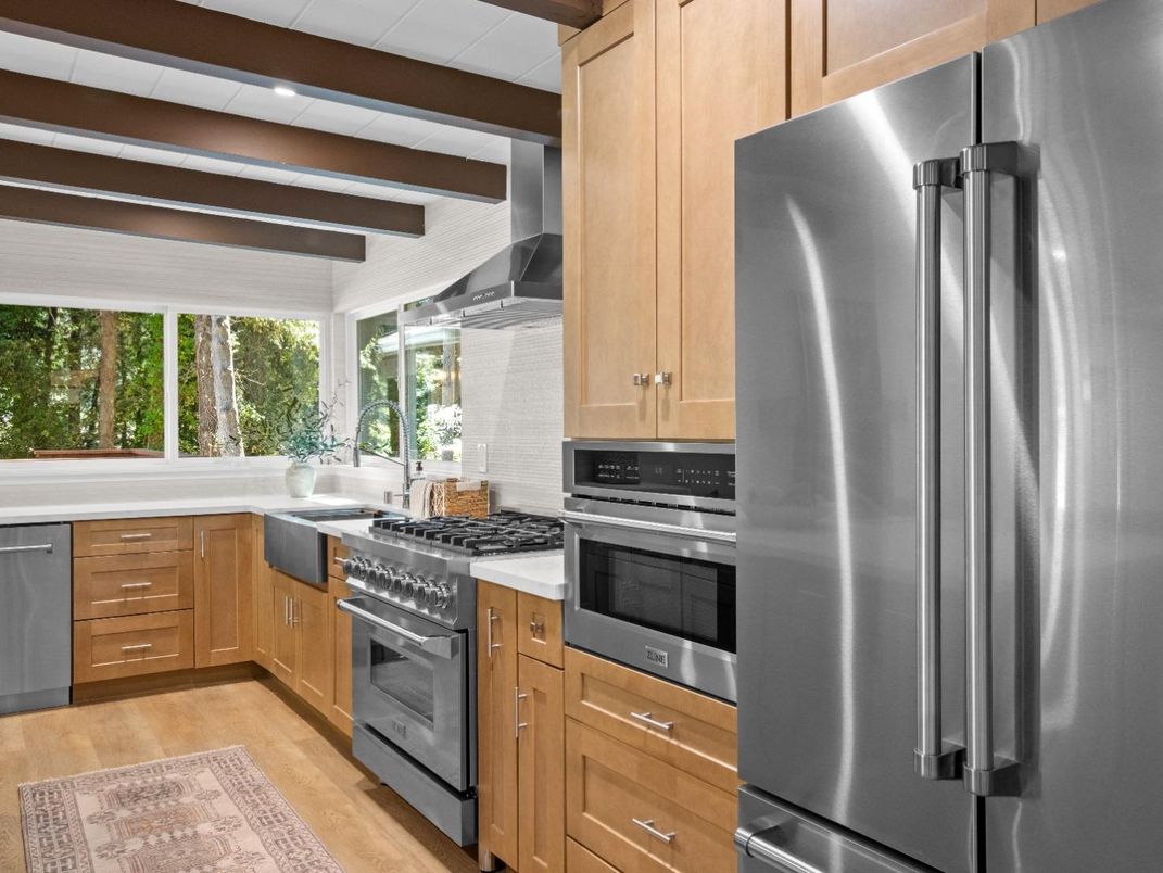 Interior, Kitchen, Stainless Steel Appliances, Wooden Beams, Wood Texture Flooring