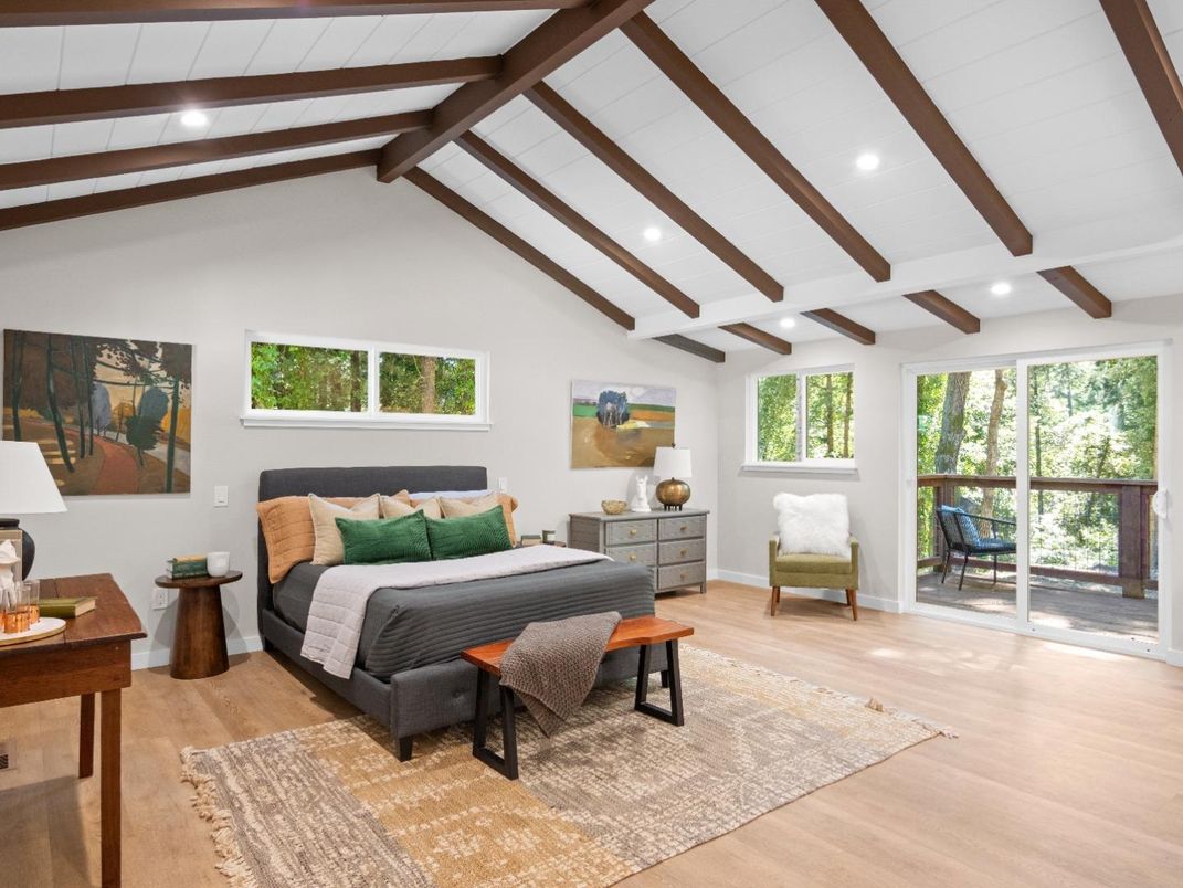 Bedroom, Interior, Recessed Lighting, Wooden Beams, Wood Texture Flooring