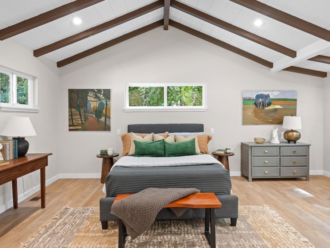 Bedroom, Interior, Recessed Lighting, Wooden Beams, Wood Texture Flooring
