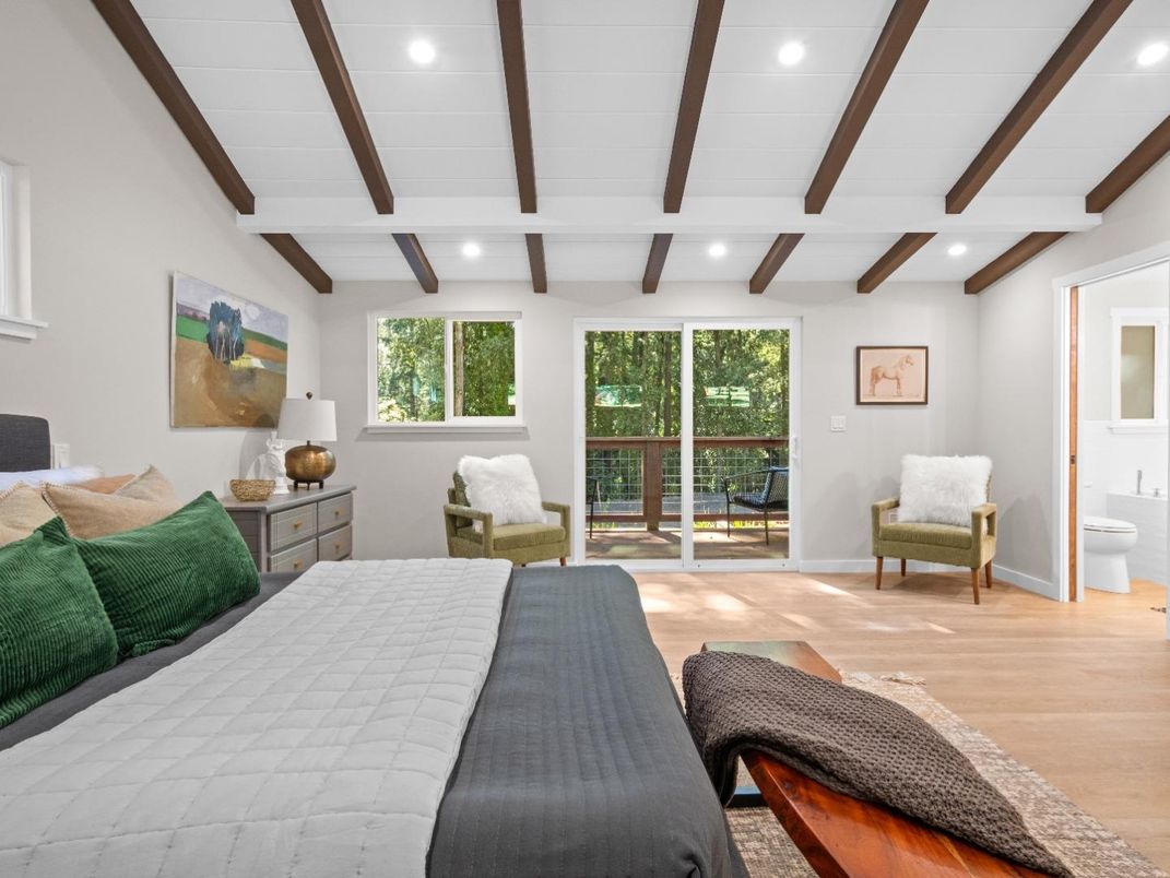 Bedroom, Interior, Recessed Lighting, Wooden Beams, Wood Texture Flooring