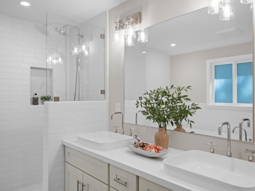 Bathroom, Dual Sink Vanities, Glass Shower, Interior, Recessed Lighting