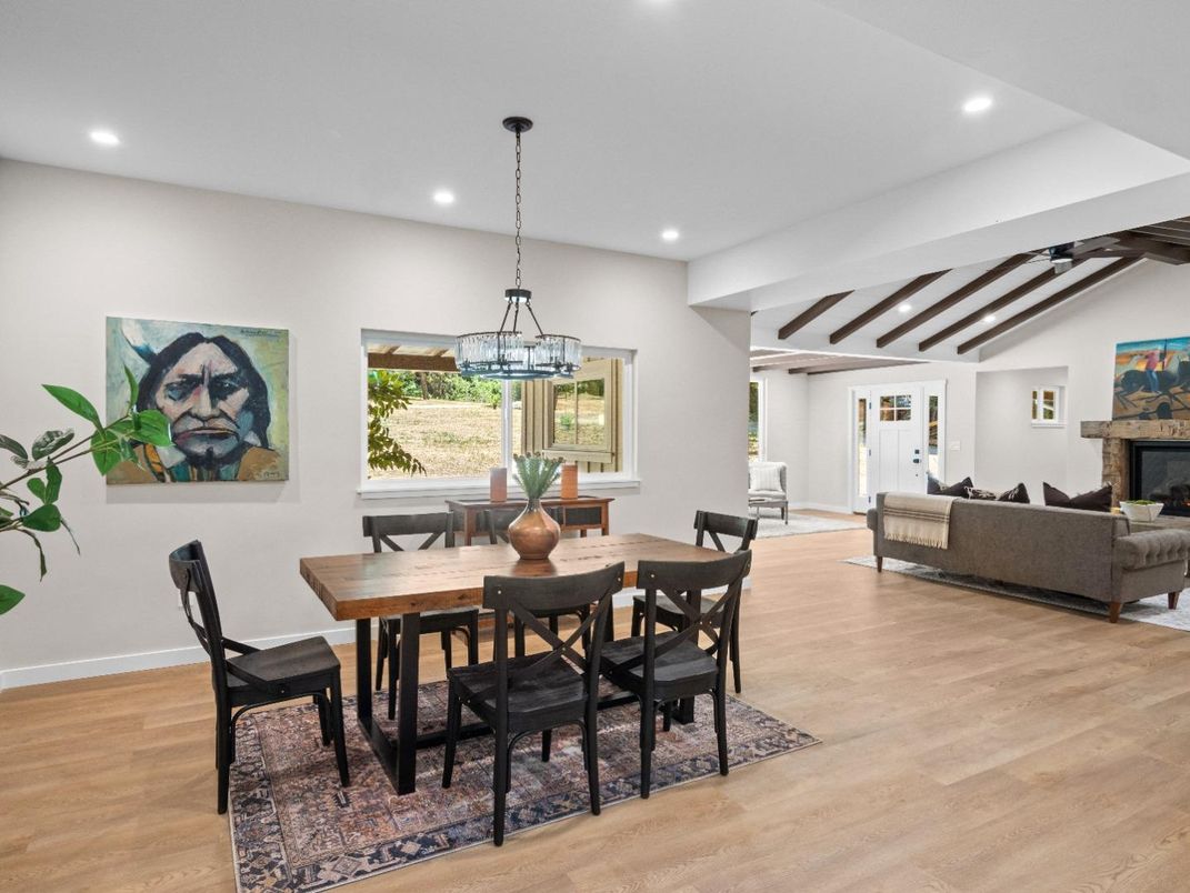 Dining room, Fireplace, Interior, Living room, Pendant Lights, Recessed Lighting, Wooden Beams, Wood Texture Flooring