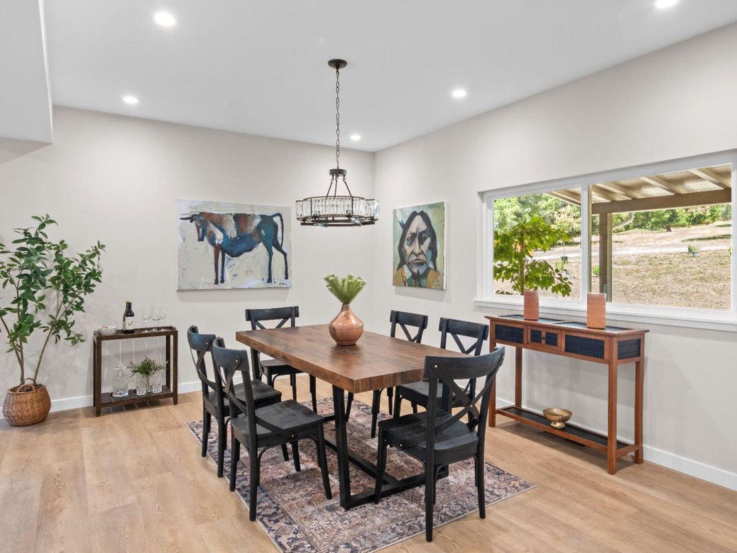 Dining room, Interior, Pendant Lights, Recessed Lighting, Wood Texture Flooring