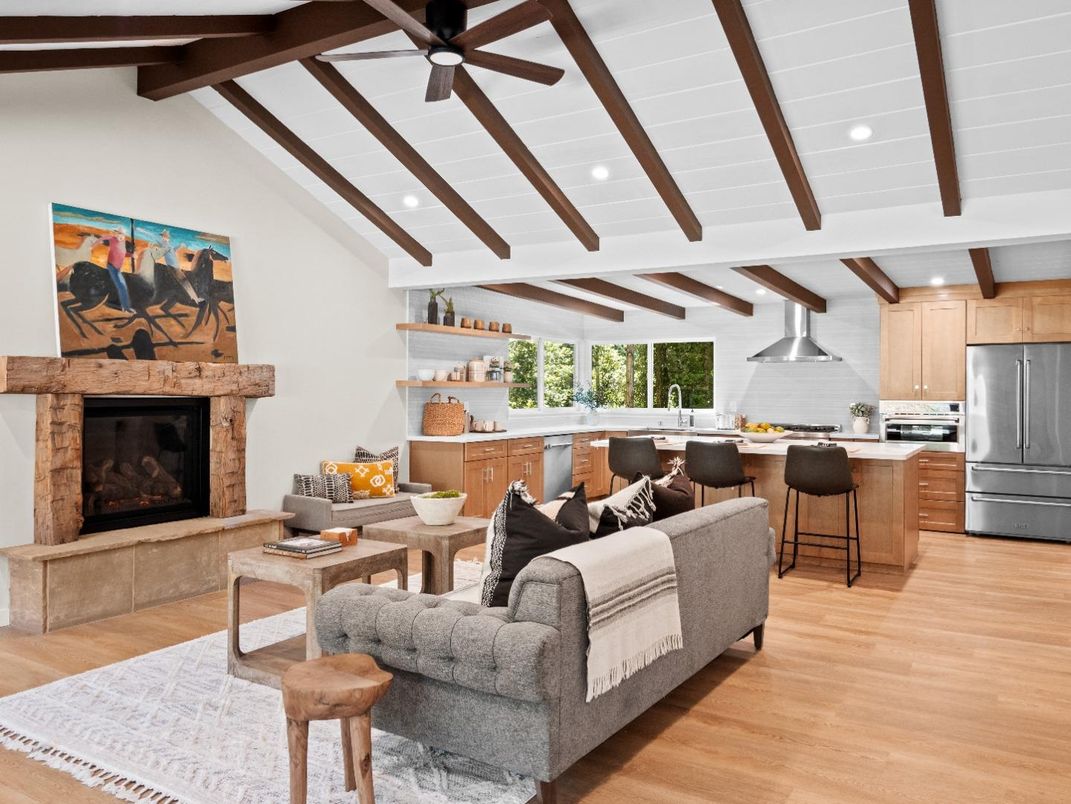 Fireplace, Interior, Kitchen, Living room, Recessed Lighting, Stainless Steel Appliances, Wooden Beams, Wood Texture Flooring