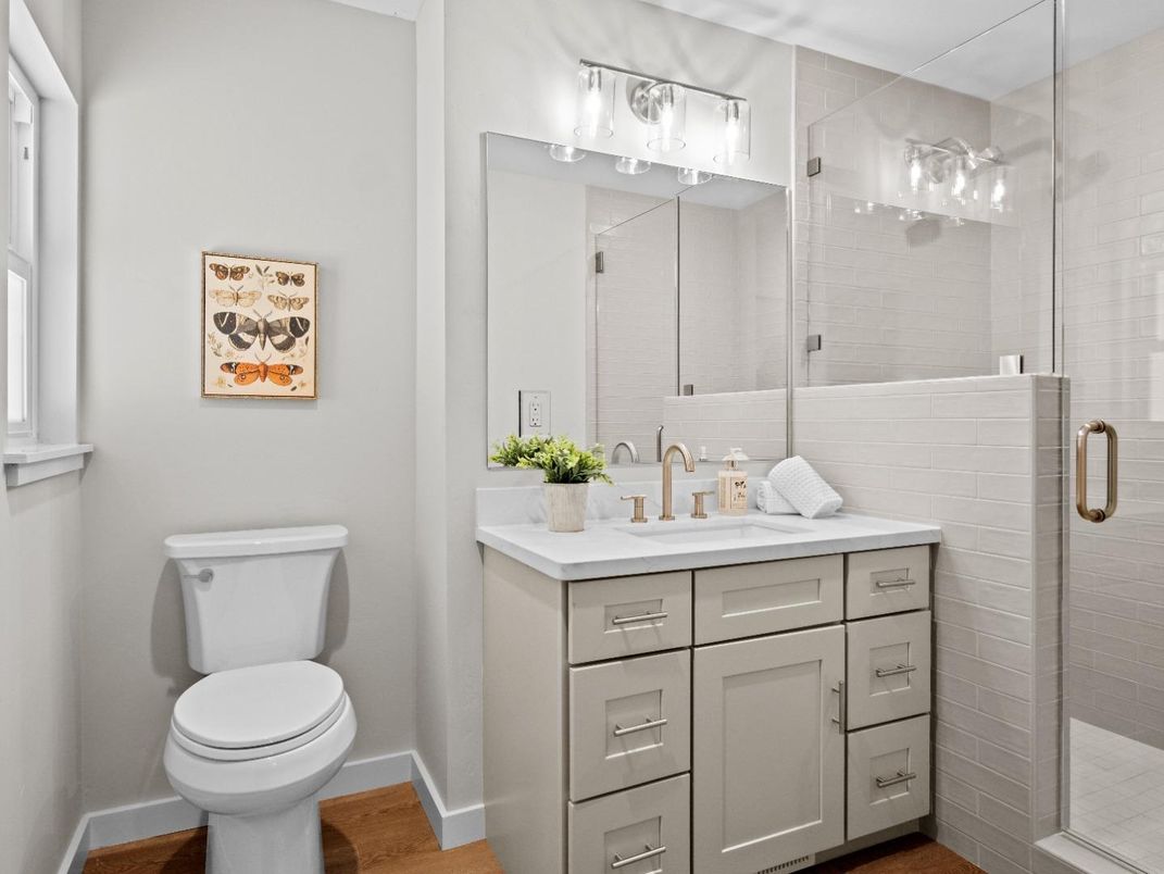 Bathroom, Glass Shower, Interior, Wood Texture Flooring
