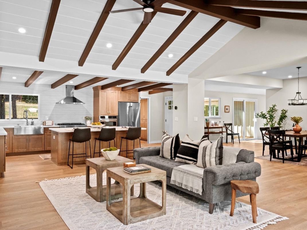 Dining room, Interior, Kitchen, Living room, Pendant Lights, Recessed Lighting, Stainless Steel Appliances, Wooden Beams, Wood Texture Flooring