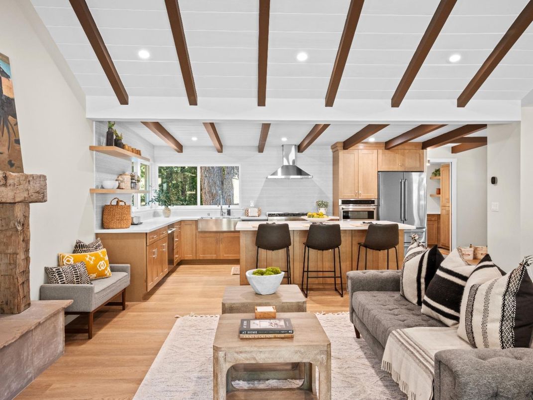 Interior, Kitchen, Living room, Recessed Lighting, Stainless Steel Appliances, Wooden Beams, Wood Texture Flooring