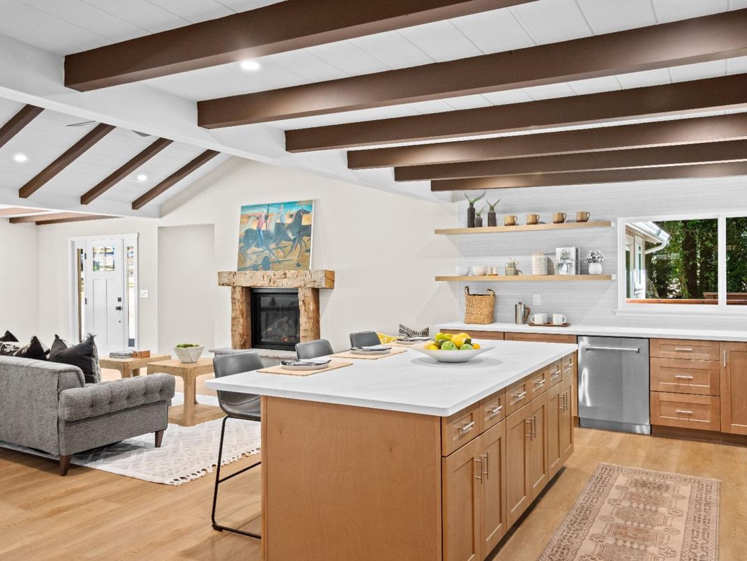 Fireplace, Interior, Kitchen, Living room, Recessed Lighting, Wooden Beams, Wood Texture Flooring
