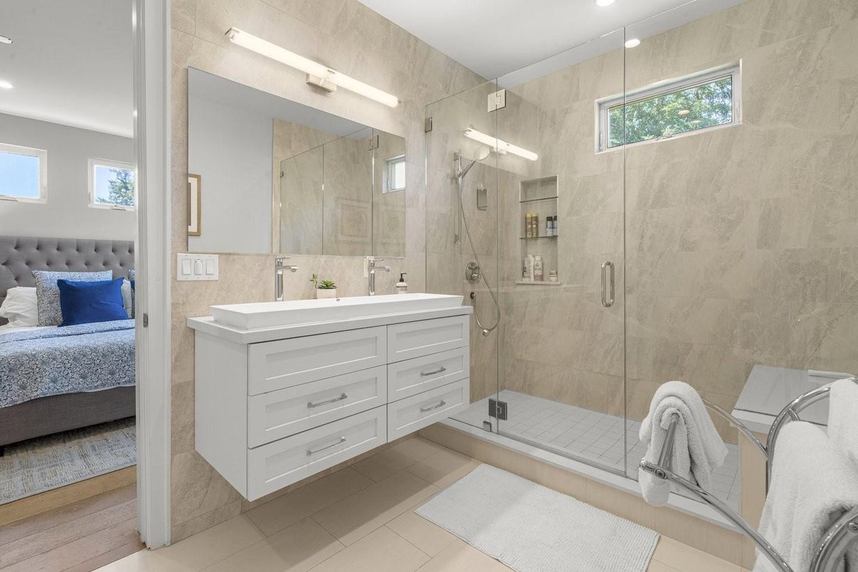 Bathroom, Bedroom, Dual Sink Vanities, Glass Shower, Interior, Recessed Lighting