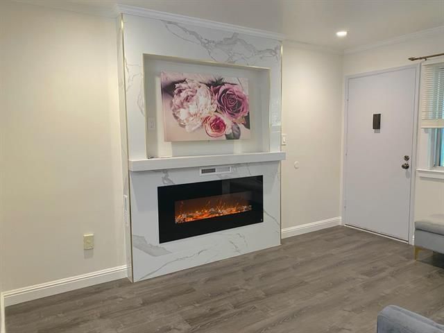 Fireplace, Interior, Recessed Lighting, Wood Texture Flooring