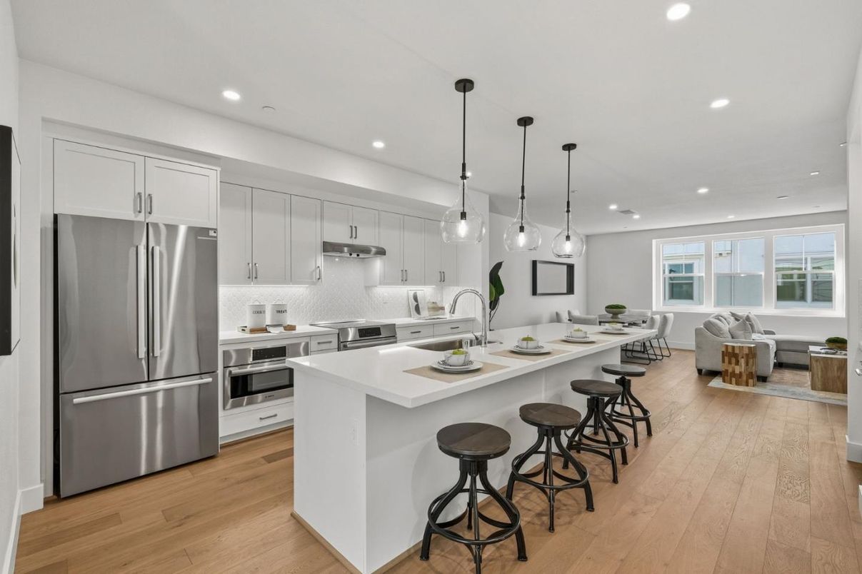 Interior, Kitchen, Living room, Pendant Lights, Recessed Lighting, Stainless Steel Appliances, Wood Texture Flooring