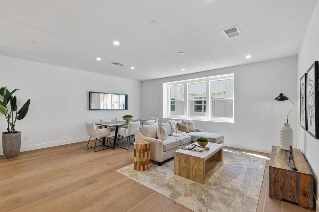 Dining room, Interior, Living room, Recessed Lighting, Wood Texture Flooring
