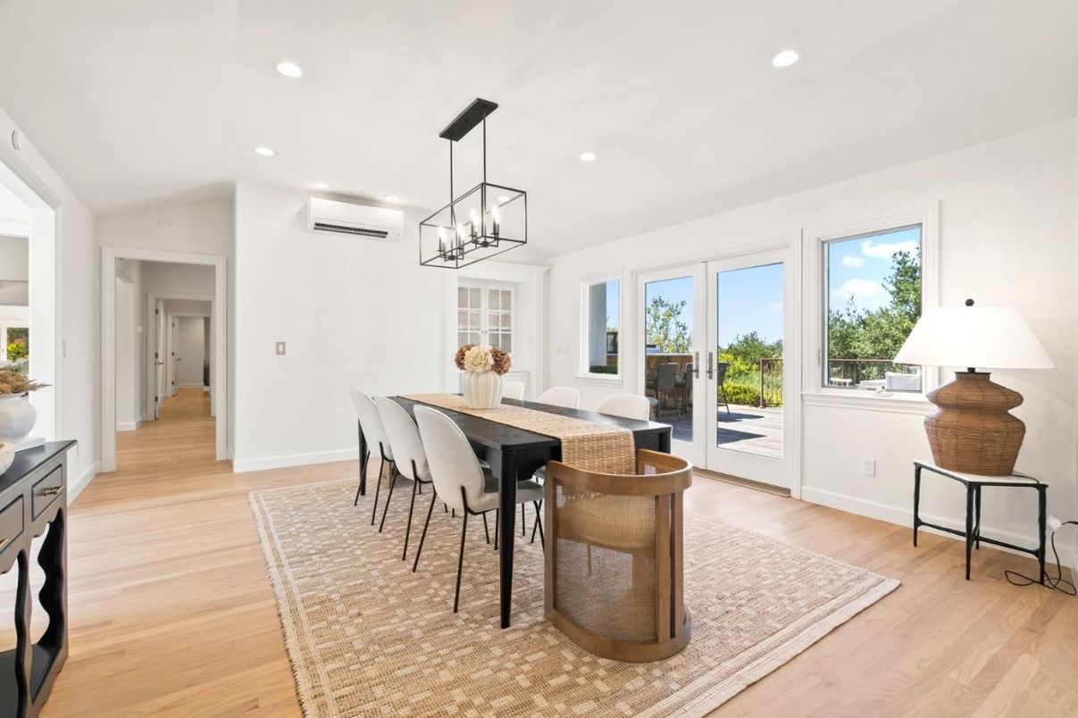 Dining room, Interior, Pendant Lights, Recessed Lighting, Wood Texture Flooring
