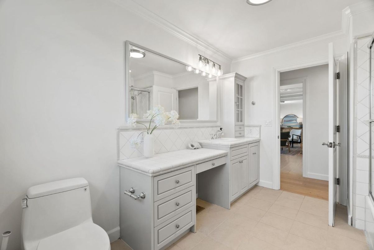 Bathroom, Dual Sink Vanities, Interior, Recessed Lighting, Wood Texture Flooring