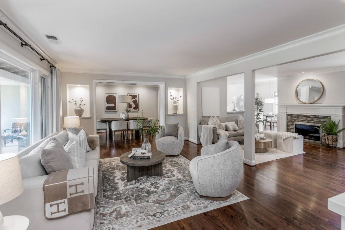 Dining room, Fireplace, Interior, Living room, Wood Texture Flooring