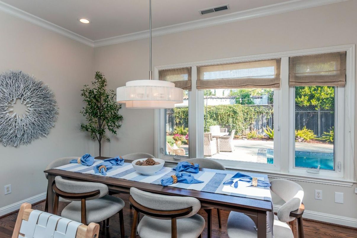 Dining room, Interior, Pendant Lights, Recessed Lighting, Wood Texture Flooring