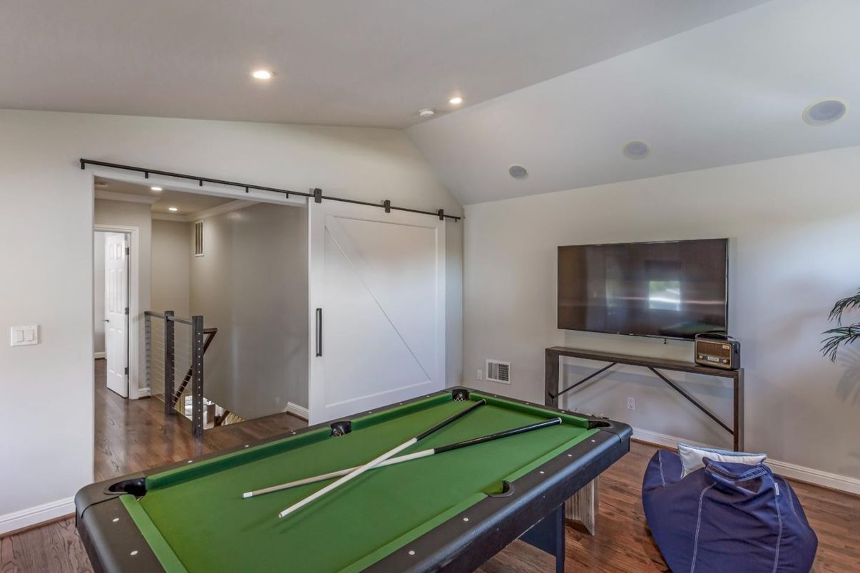 Billiard Table, Game Room, Interior, Recessed Lighting, Wood Texture Flooring