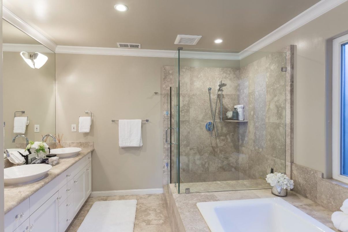 Bathroom, Dual Sink Vanities, Glass Shower, Interior, Recessed Lighting
