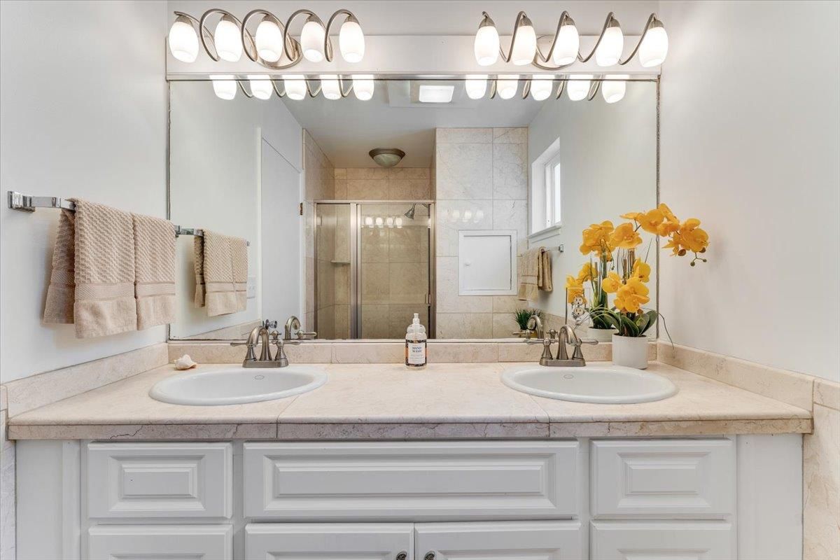 Bathroom, Dual Sink Vanities, Glass Shower, Interior, Tile Countertops