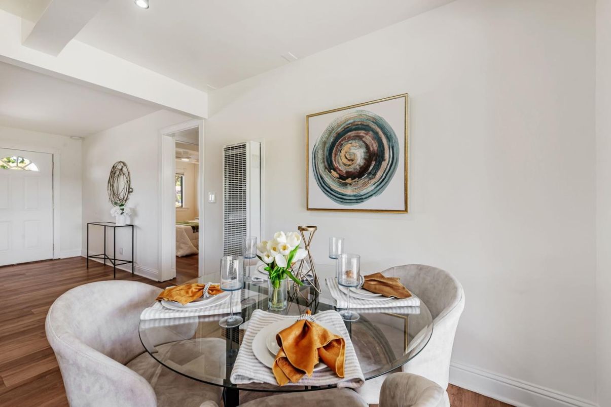 Dining room, Interior, Recessed Lighting, Wood Texture Flooring