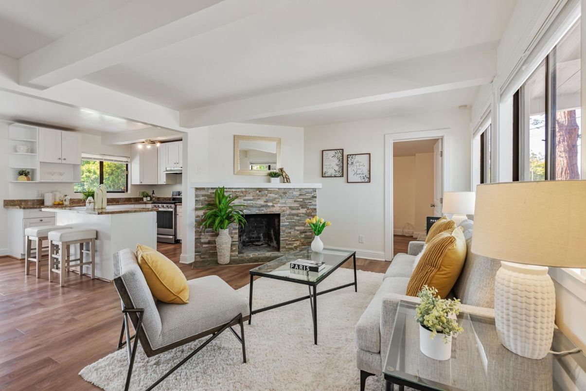 Fireplace, Interior, Kitchen, Living room, Pendant Lights, Wood Texture Flooring