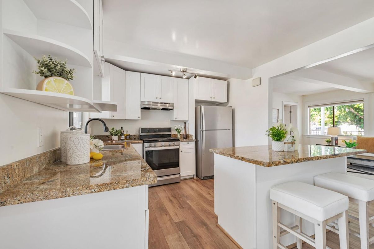 Interior, Kitchen, Pendant Lights, Stainless Steel Appliances, Wood Texture Flooring