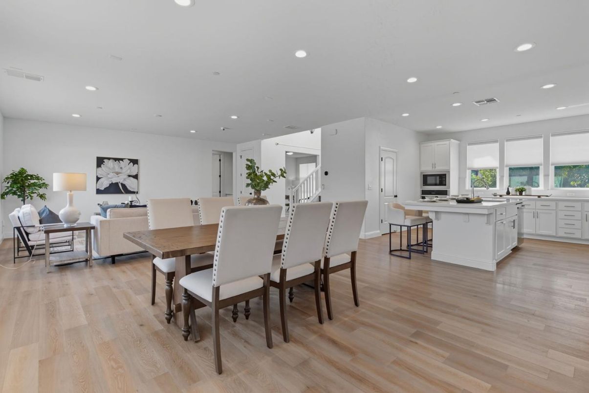 Dining room, Interior, Kitchen, Living room, Recessed Lighting, Wood Texture Flooring