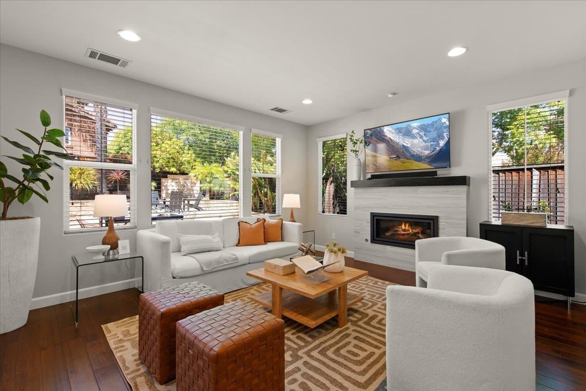 Fireplace, Interior, Living room, Recessed Lighting, Wood Texture Flooring