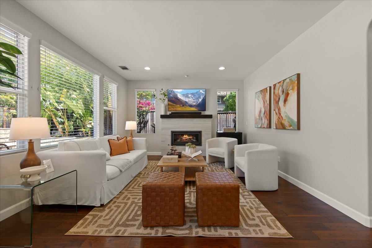 Fireplace, Interior, Living room, Recessed Lighting, Wood Texture Flooring