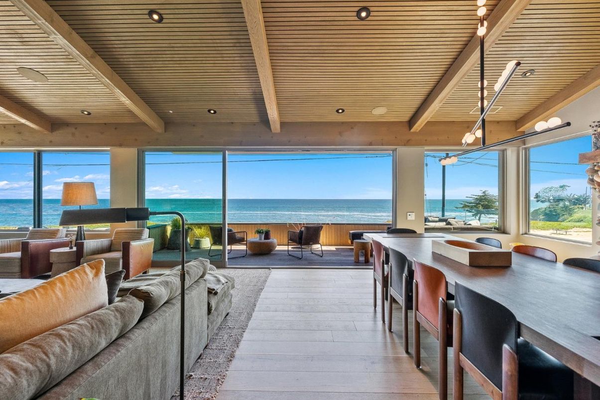 Dining room, Interior, Living room, Pendant Lights, Recessed Lighting, Water, Wooden Beams, Wooden Ceilings, Wood Texture Flooring