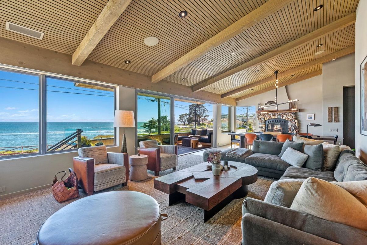 Dining room, Interior, Living room, Pendant Lights, Recessed Lighting, Water, Wooden Beams, Wooden Ceilings