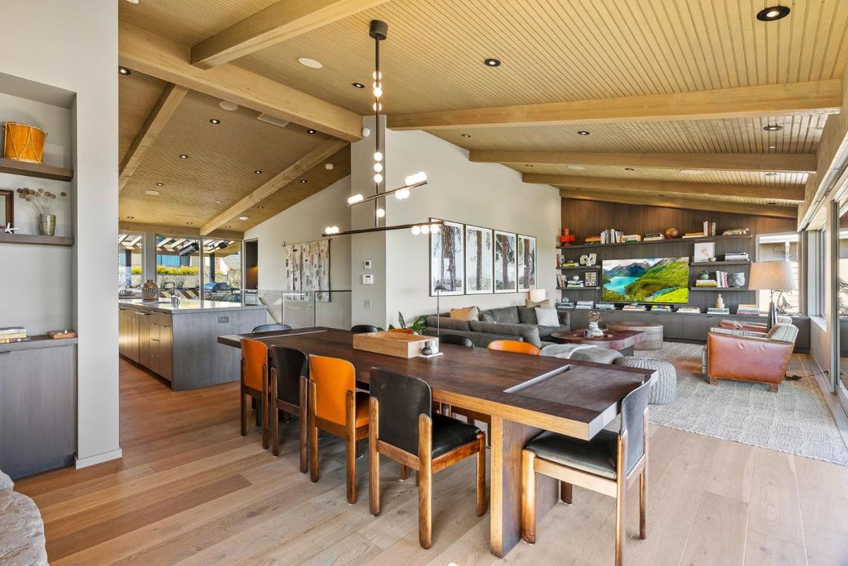 Dining room, Interior, Living room, Pendant Lights, Recessed Lighting, Wooden Beams, Wooden Ceilings, Wood Texture Flooring