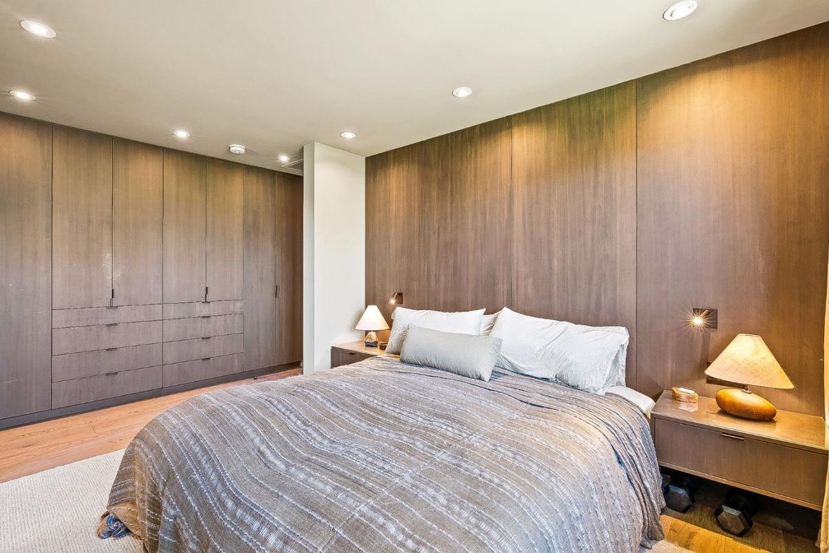 Bedroom, Interior, Recessed Lighting, Wood Texture Flooring
