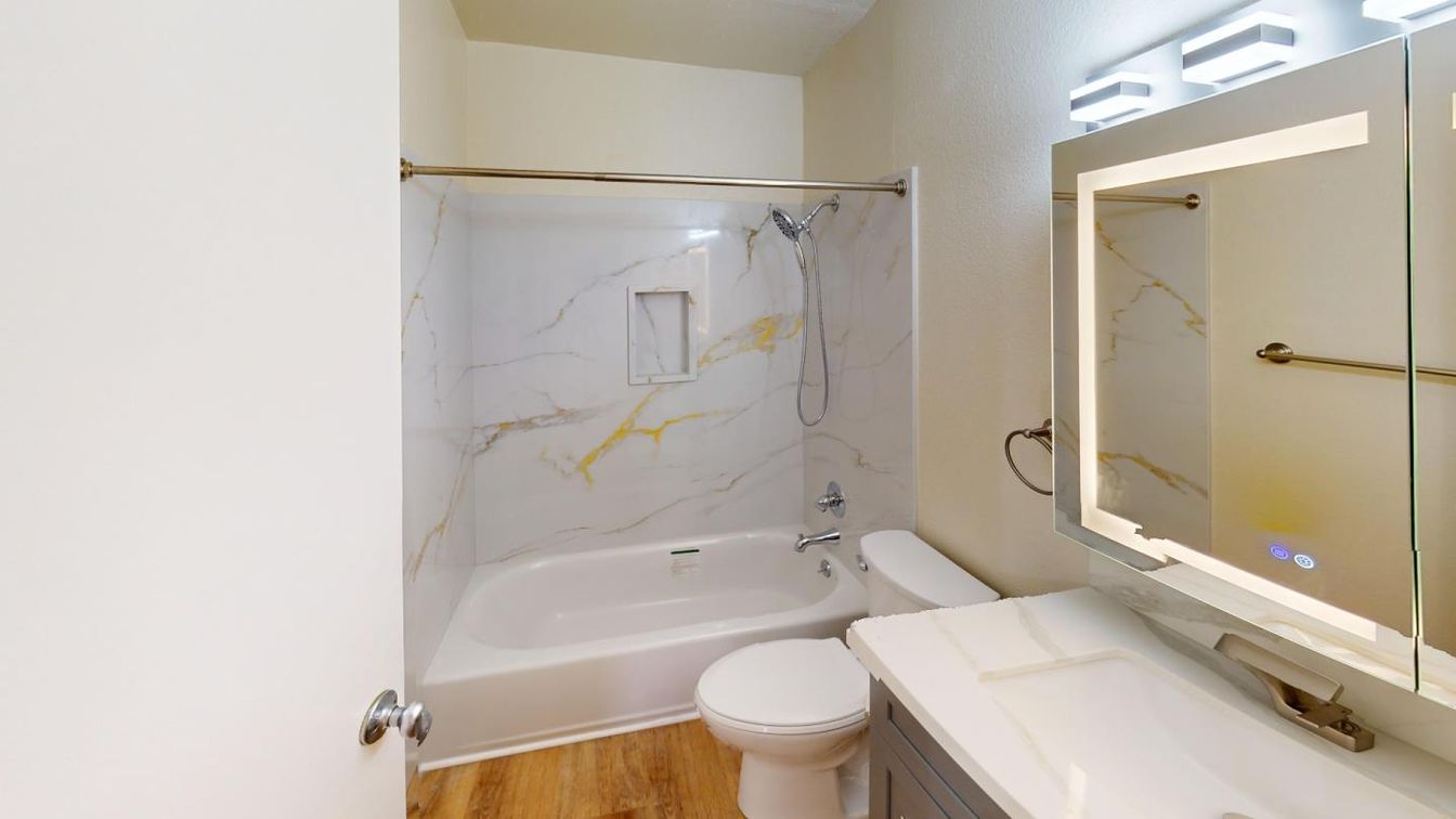 Bathroom, Interior, Marble Walls, Wood Texture Flooring