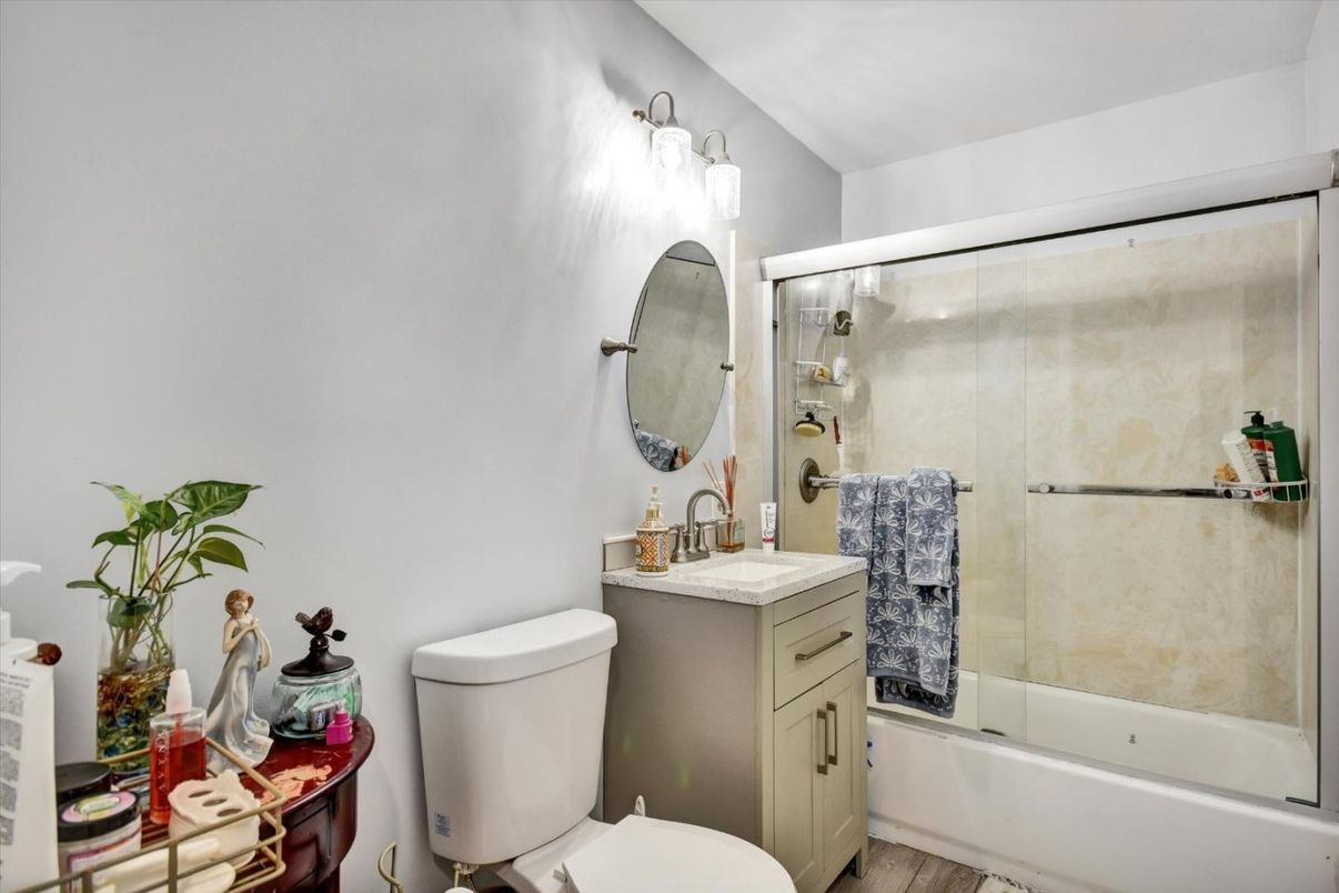 Bathroom, Glass Shower, Interior, Wood Texture Flooring