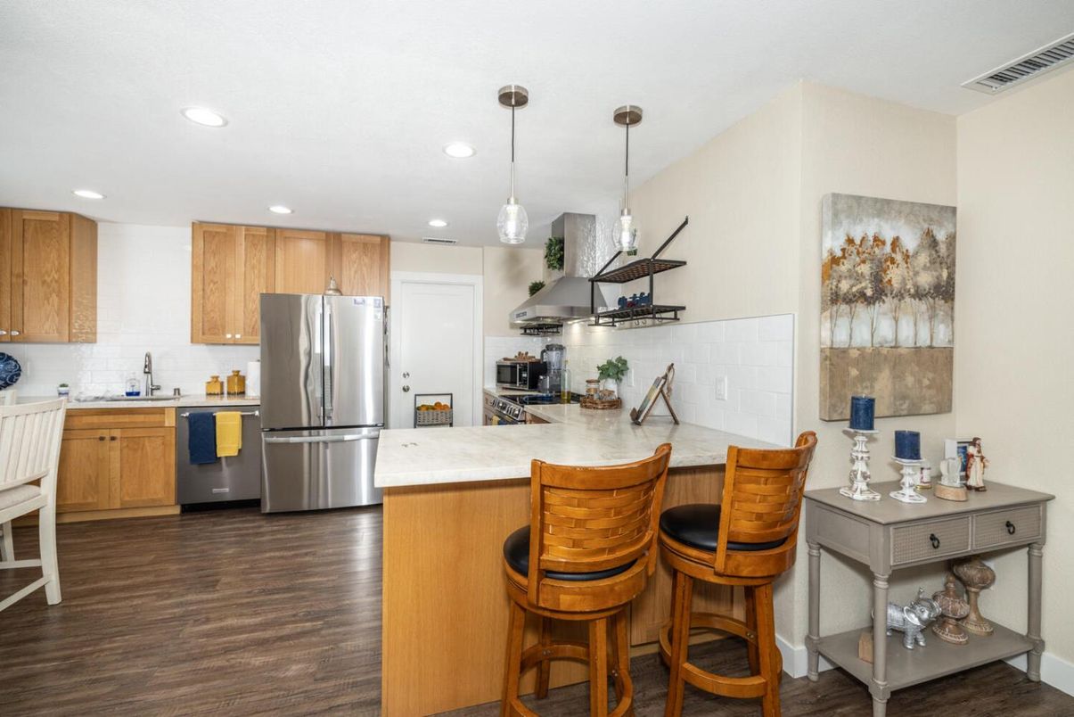 Interior, Kitchen, Pendant Lights, Recessed Lighting, Stainless Steel Appliances, Wood Texture Flooring
