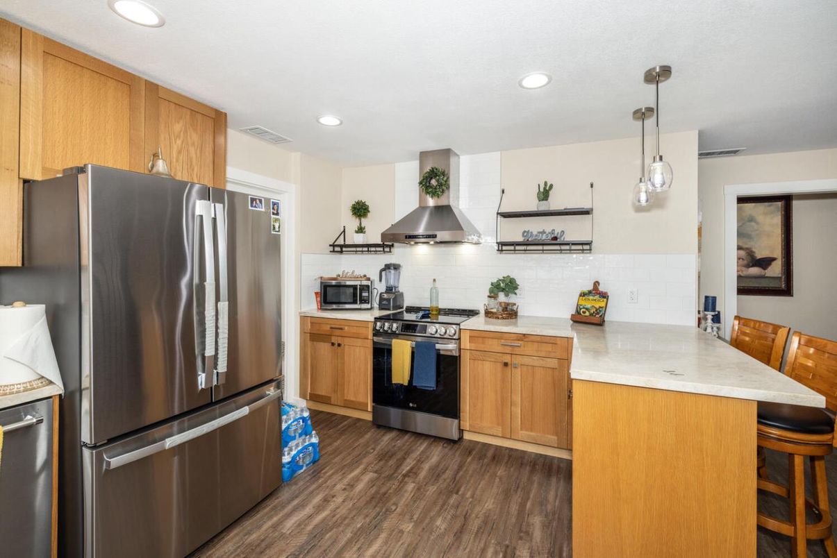 Interior, Kitchen, Pendant Lights, Recessed Lighting, Stainless Steel Appliances, Wood Texture Flooring