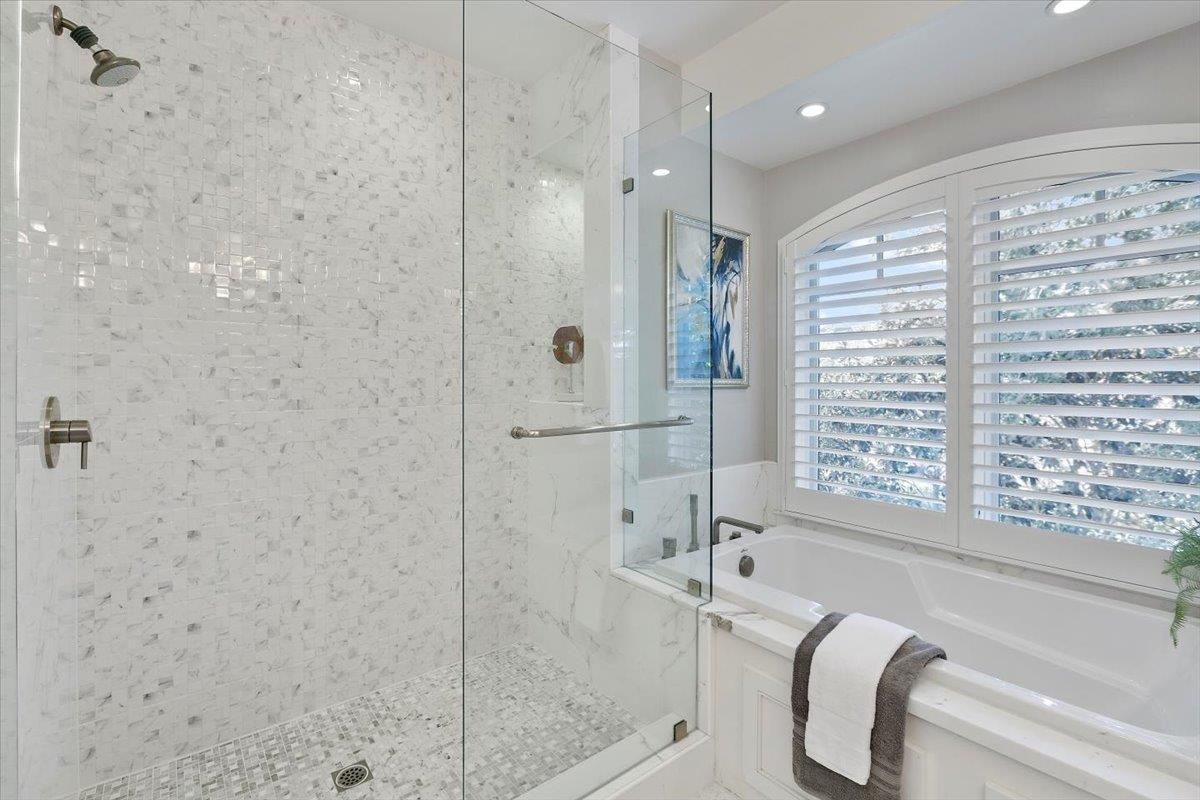Bathroom, Glass Shower, Interior, Marble Walls, Recessed Lighting