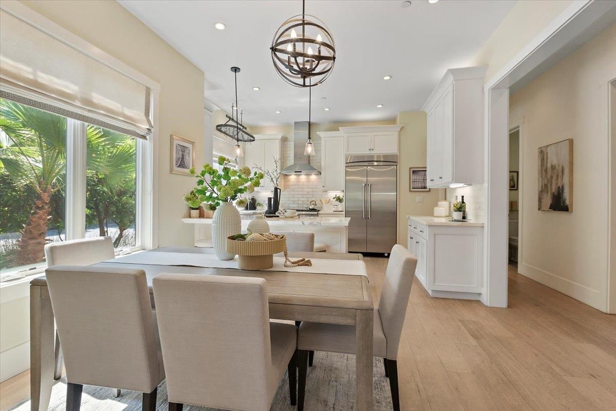 Dining room, Interior, Kitchen, Pendant Lights, Recessed Lighting, Stainless Steel Appliances, Wood Texture Flooring