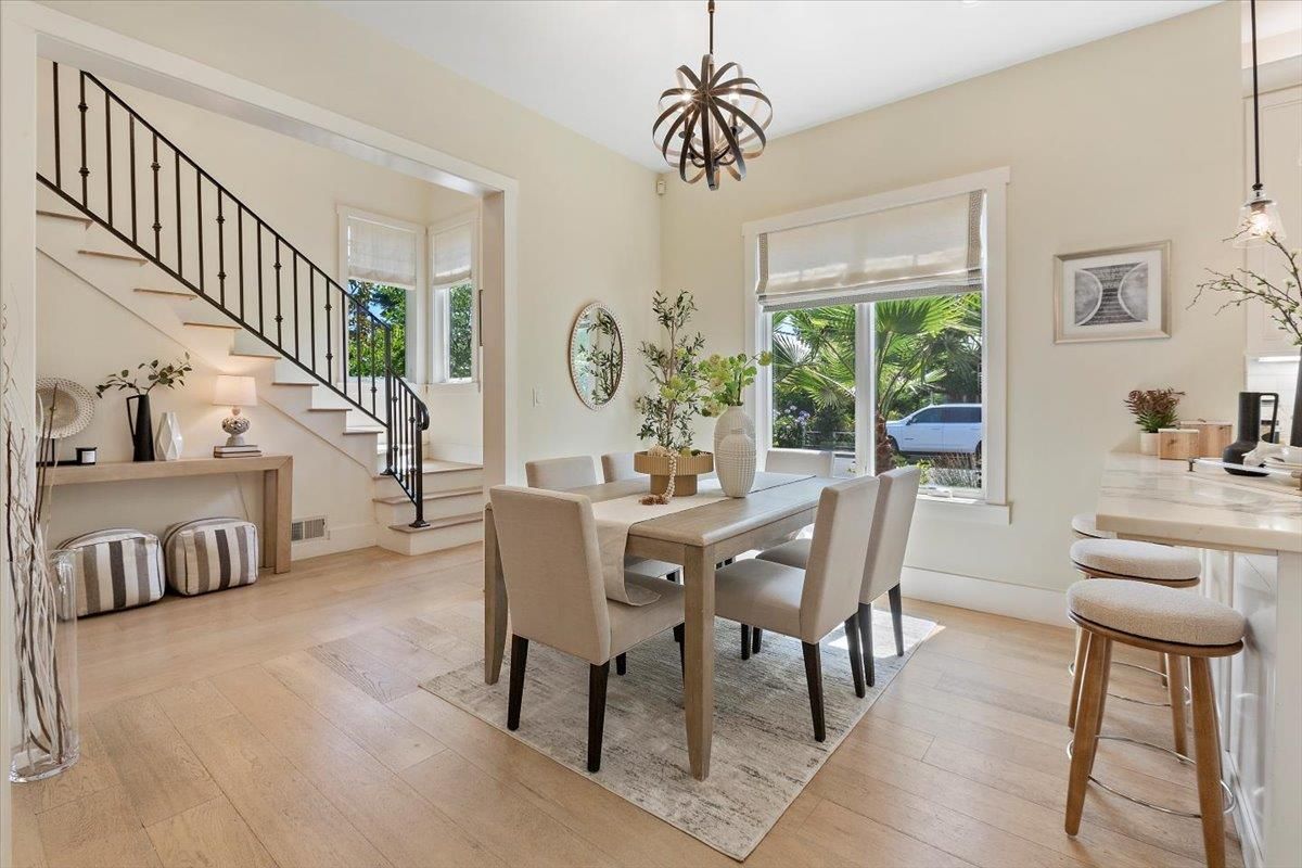 Dining room, Interior, Pendant Lights, Wood Texture Flooring