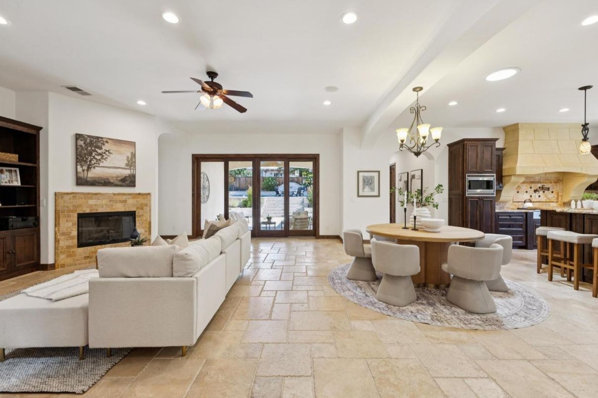 Chandelier, Dining room, Fireplace, Interior, Kitchen, Living room, Pendant Lights, Recessed Lighting
