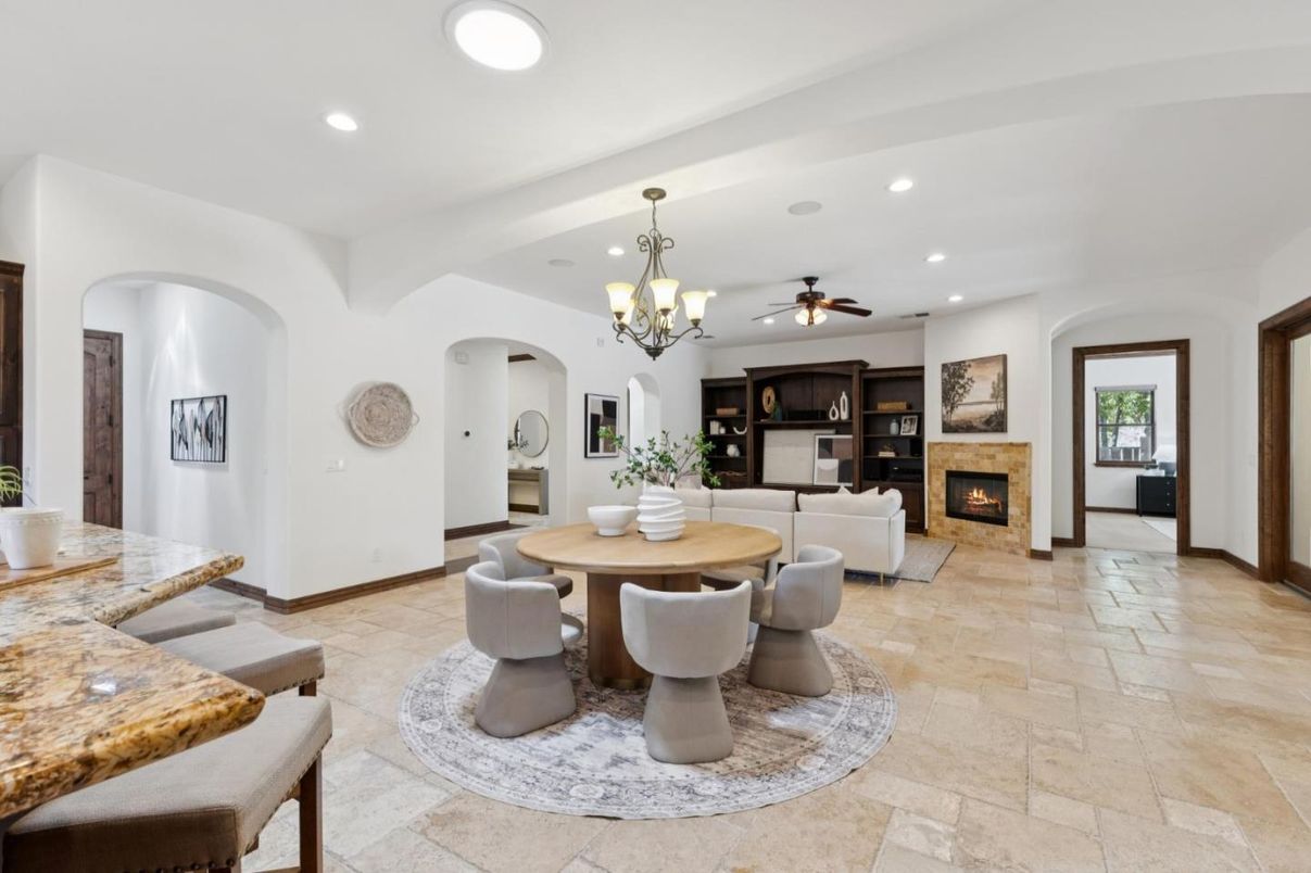 Chandelier, Dining room, Fireplace, Interior, Living room, Recessed Lighting