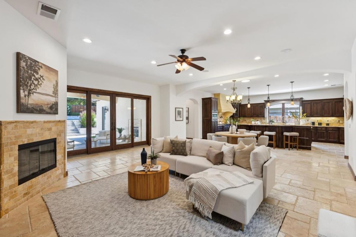 Chandelier, Fireplace, Interior, Kitchen, Living room, Pendant Lights, Recessed Lighting, Stone Walls