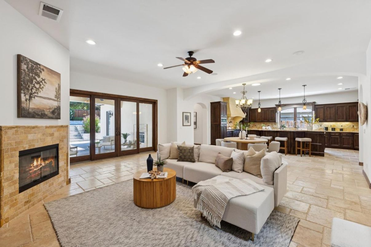 Chandelier, Dining room, Fireplace, Interior, Kitchen, Living room, Pendant Lights, Recessed Lighting, Stone Walls
